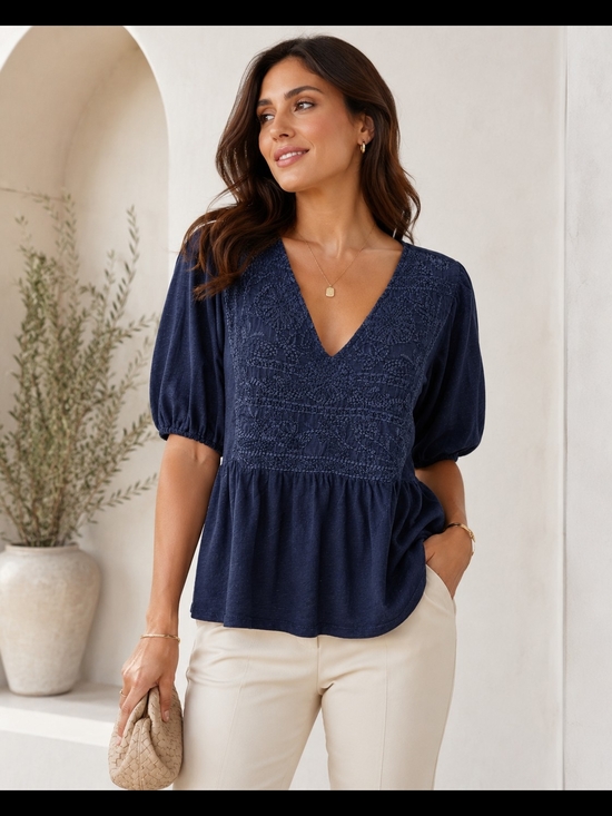 Lucky Brand Tops - Lucky Brand Navy V-Neck Embroidered Peplum Blouse